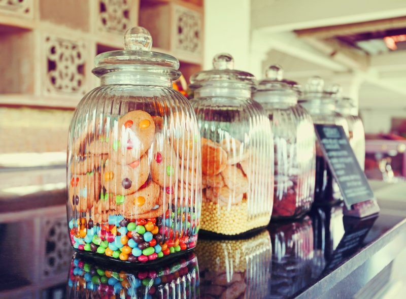 Colorful Candies in glass jars in candy shop; things to do in circleville ohio