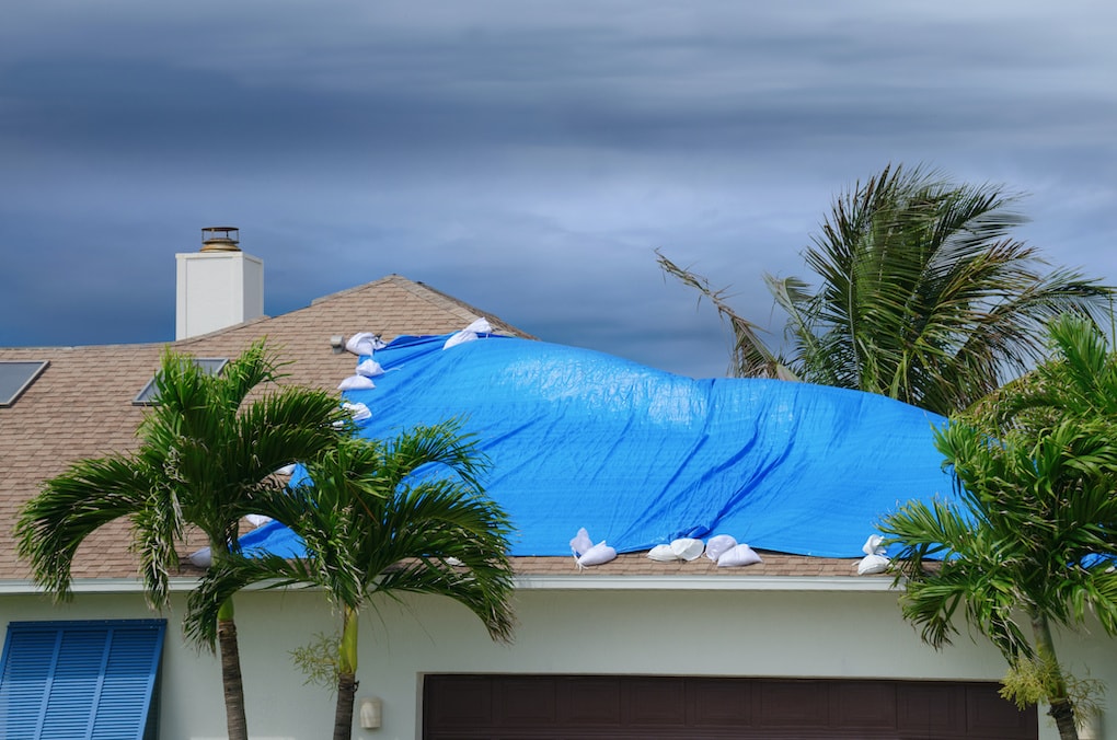 Storm damaged roof on house with a blue plastic tarp over hole in the shingles and rooftop; how to tarp a roof