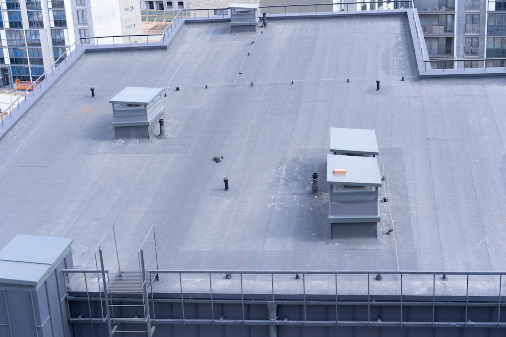 top view of the built up roof structure of a flat roof installation