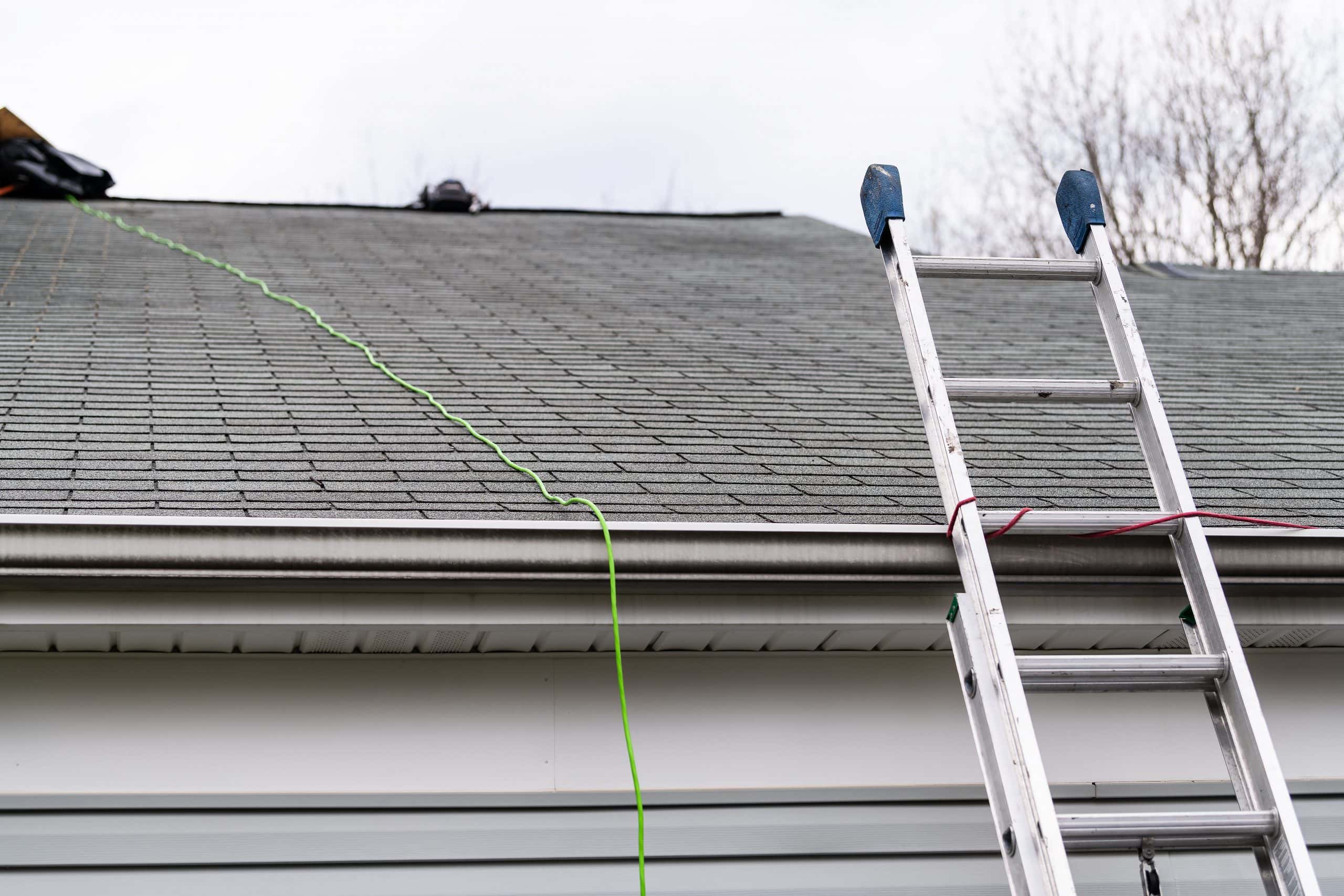 a ladder perched on a gray shingle roof