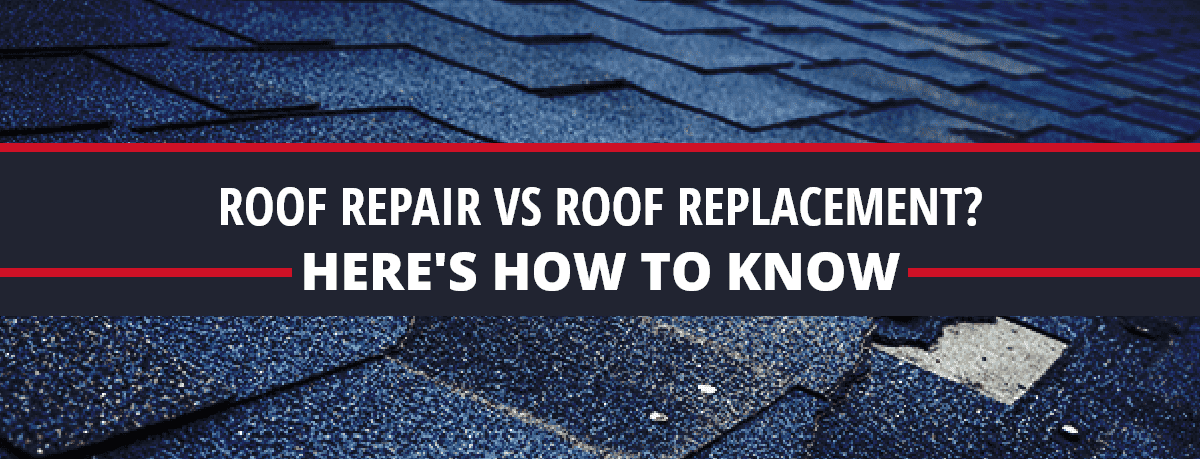 Image of roof shingles with a missing shingle and text: Roof Repair vs Roof Replacement? Here's How To Know
