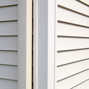 Image of light colored vinyl siding with a gutter